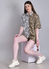 WOMEN'S WHITE BEIGE ZEBRA PRINT SHIRT WITH SHORTS RAYON CO-ORD SET