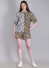 WOMEN'S WHITE BEIGE ZEBRA PRINT SHIRT WITH SHORTS RAYON CO-ORD SET