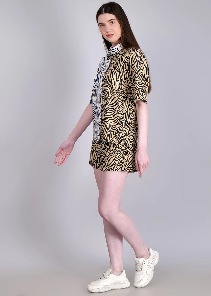 WOMEN'S WHITE BEIGE ZEBRA PRINT SHIRT WITH SHORTS RAYON CO-ORD SET