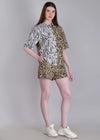 WOMEN'S WHITE BEIGE ZEBRA PRINT SHIRT WITH SHORTS RAYON CO-ORD SET