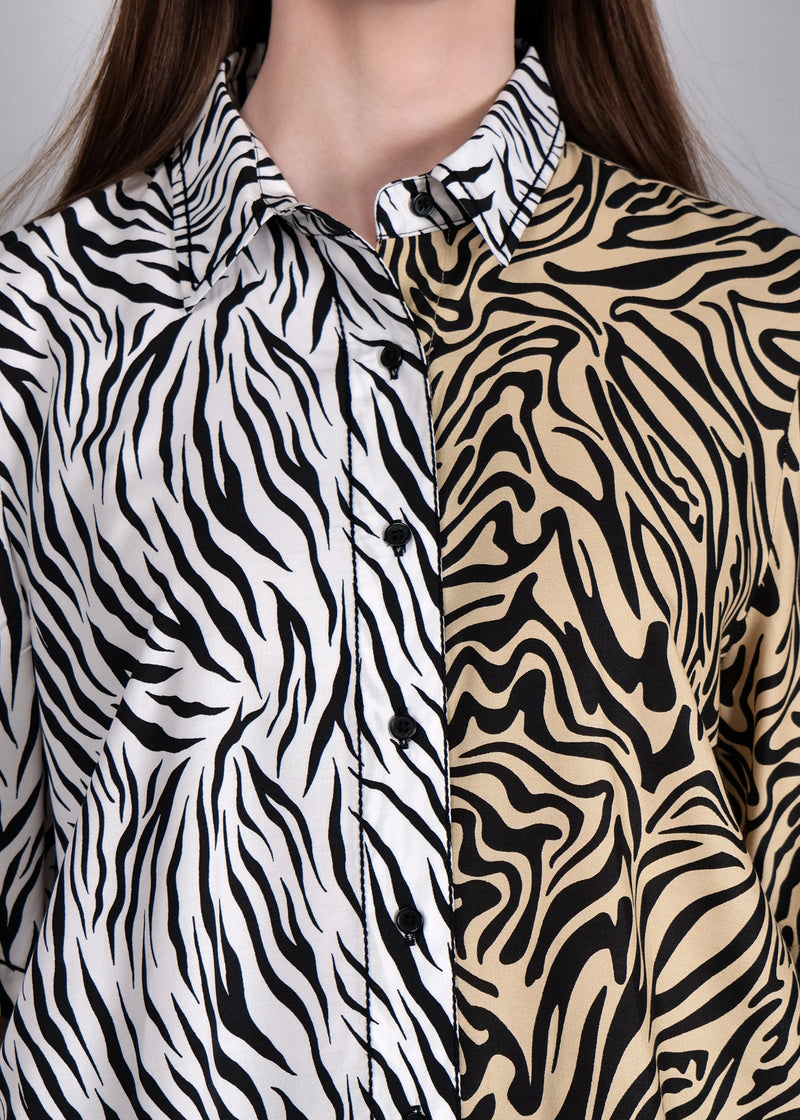 WOMEN'S WHITE BEIGE ZEBRA PRINT SHIRT WITH SHORTS RAYON CO-ORD SET