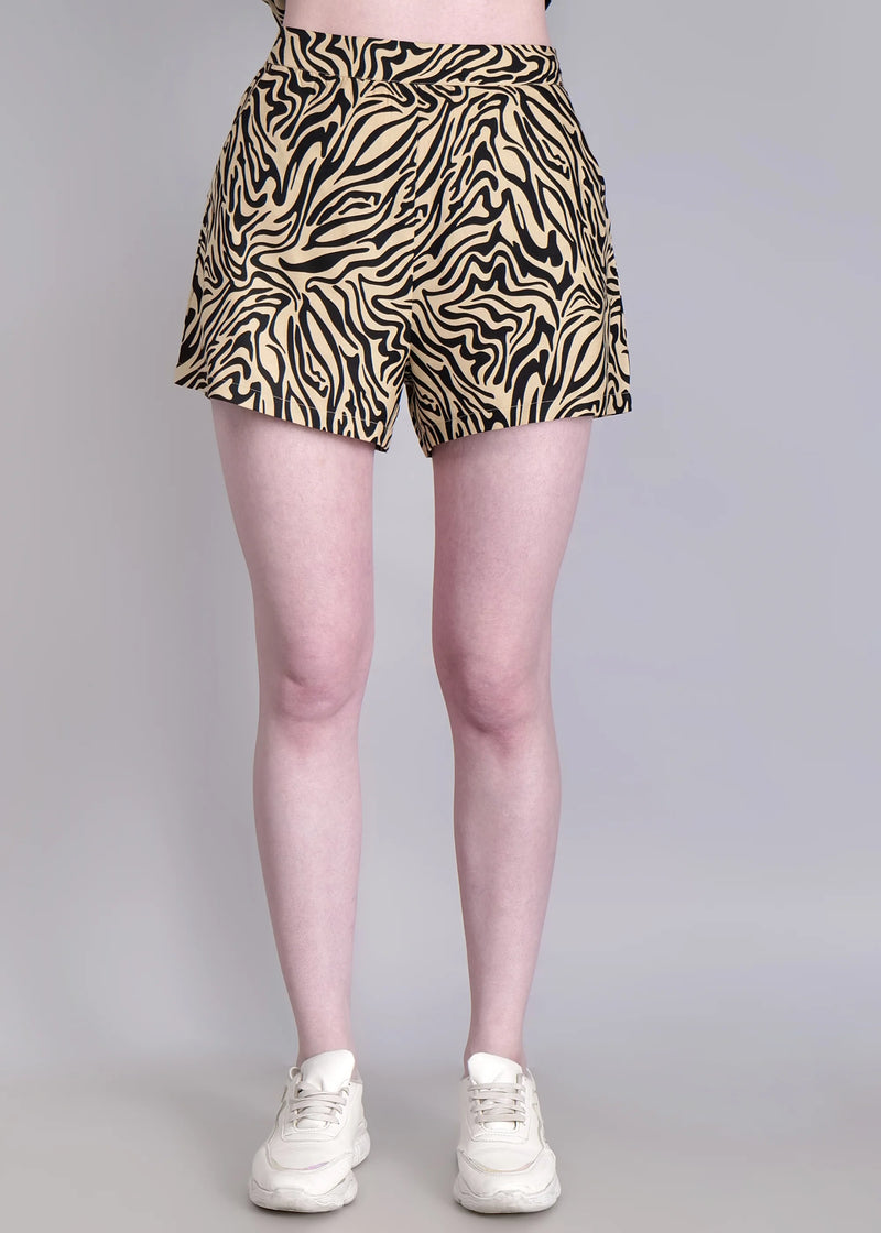 WOMEN'S WHITE BEIGE ZEBRA PRINT SHIRT WITH SHORTS RAYON CO-ORD SET