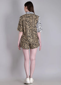 WOMEN'S WHITE BEIGE ZEBRA PRINT SHIRT WITH SHORTS RAYON CO-ORD SET