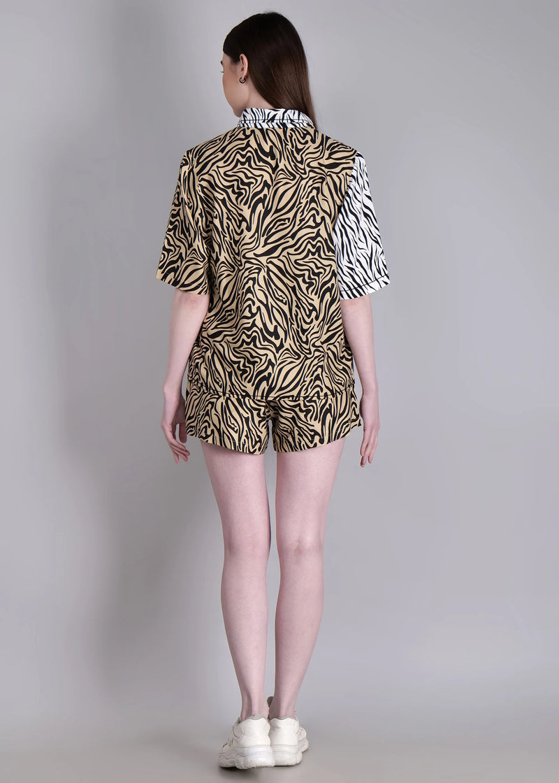 WOMEN'S WHITE BEIGE ZEBRA PRINT SHIRT WITH SHORTS RAYON CO-ORD SET