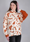WOMEN'S CACTUS PRINT WITH SOLID RUST SLEEVE RAYON SHIRT