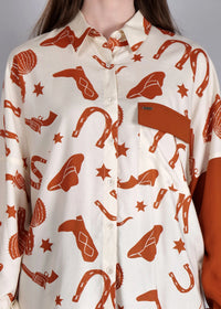 WOMEN'S CACTUS PRINT WITH SOLID RUST SLEEVE RAYON SHIRT