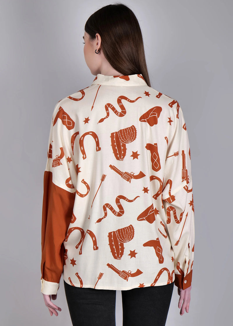 WOMEN'S CACTUS PRINT WITH SOLID RUST SLEEVE RAYON SHIRT