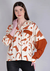 WOMEN'S CACTUS PRINT WITH SOLID RUST SLEEVE RAYON SHIRT