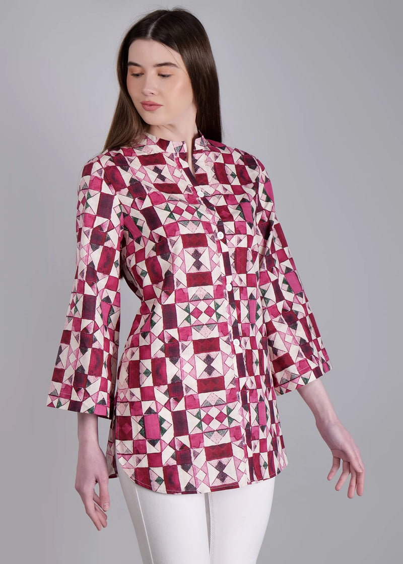 WOMEN'S GEOMETRIC PRINT PURE COTTON TOP