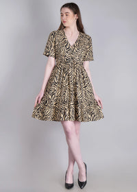 WOMEN'S BEIGE ZEBRA PRINT MINI FLARED RAYON DRESS