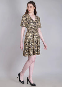 WOMEN'S BEIGE ZEBRA PRINT MINI FLARED RAYON DRESS