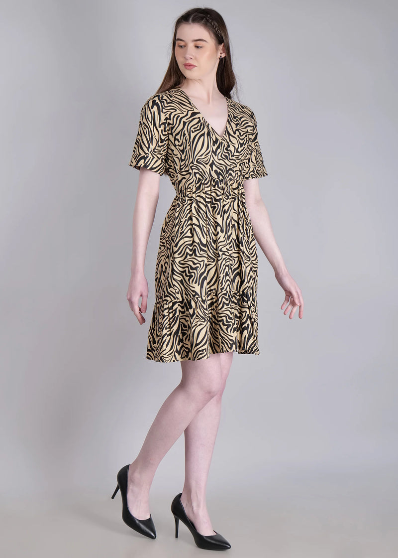 WOMEN'S BEIGE ZEBRA PRINT MINI FLARED RAYON DRESS