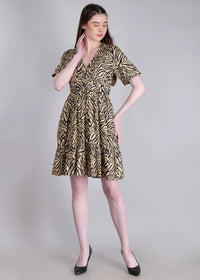 WOMEN'S BEIGE ZEBRA PRINT MINI FLARED RAYON DRESS