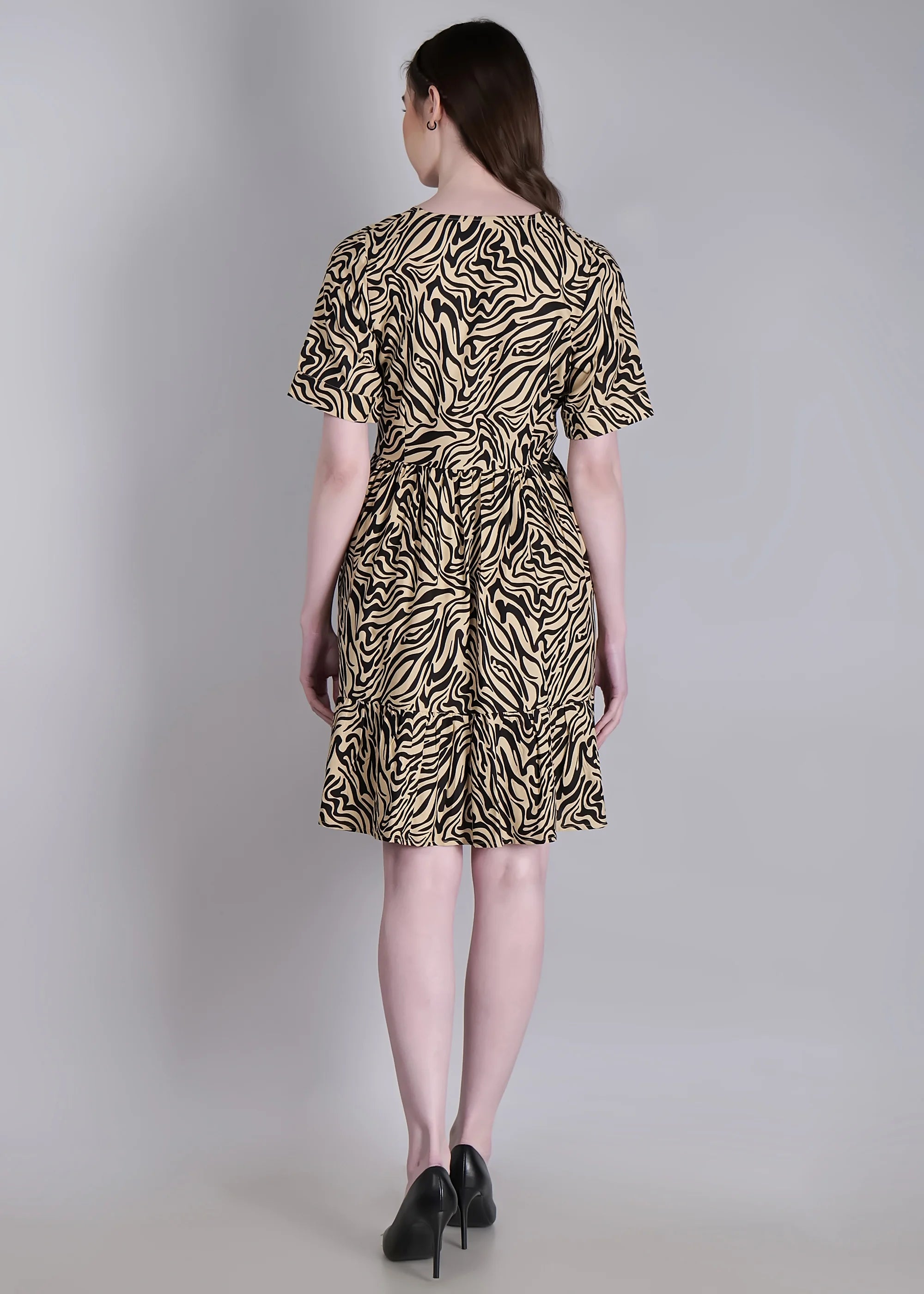 WOMEN'S BEIGE ZEBRA PRINT MINI FLARED RAYON DRESS Luees WOMEN'S BEIGE ZEBRA PRINT MINI FLARED RAYON DRESS Luees