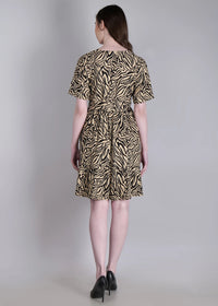 WOMEN'S BEIGE ZEBRA PRINT MINI FLARED RAYON DRESS