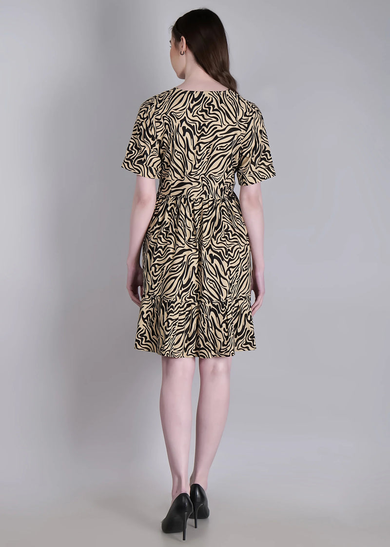 WOMEN'S BEIGE ZEBRA PRINT MINI FLARED RAYON DRESS