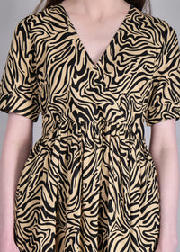 WOMEN'S BEIGE ZEBRA PRINT MINI FLARED RAYON DRESS