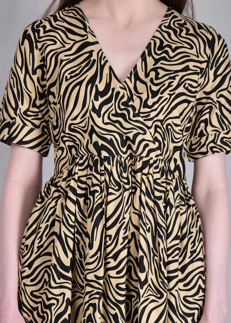WOMEN'S BEIGE ZEBRA PRINT MINI FLARED RAYON DRESS