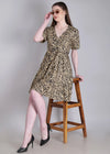 WOMEN'S BEIGE ZEBRA PRINT MINI FLARED RAYON DRESS