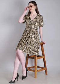 WOMEN'S BEIGE ZEBRA PRINT MINI FLARED RAYON DRESS
