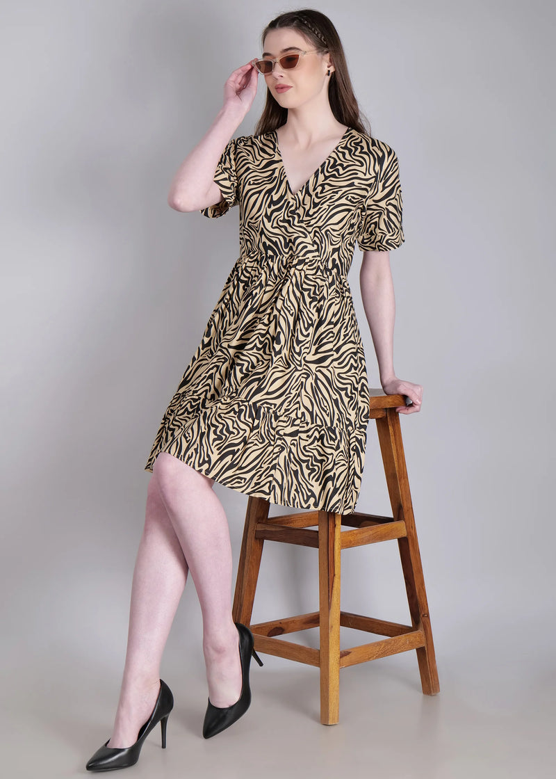 WOMEN'S BEIGE ZEBRA PRINT MINI FLARED RAYON DRESS