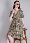 WOMEN'S BEIGE ZEBRA PRINT MINI FLARED RAYON DRESS