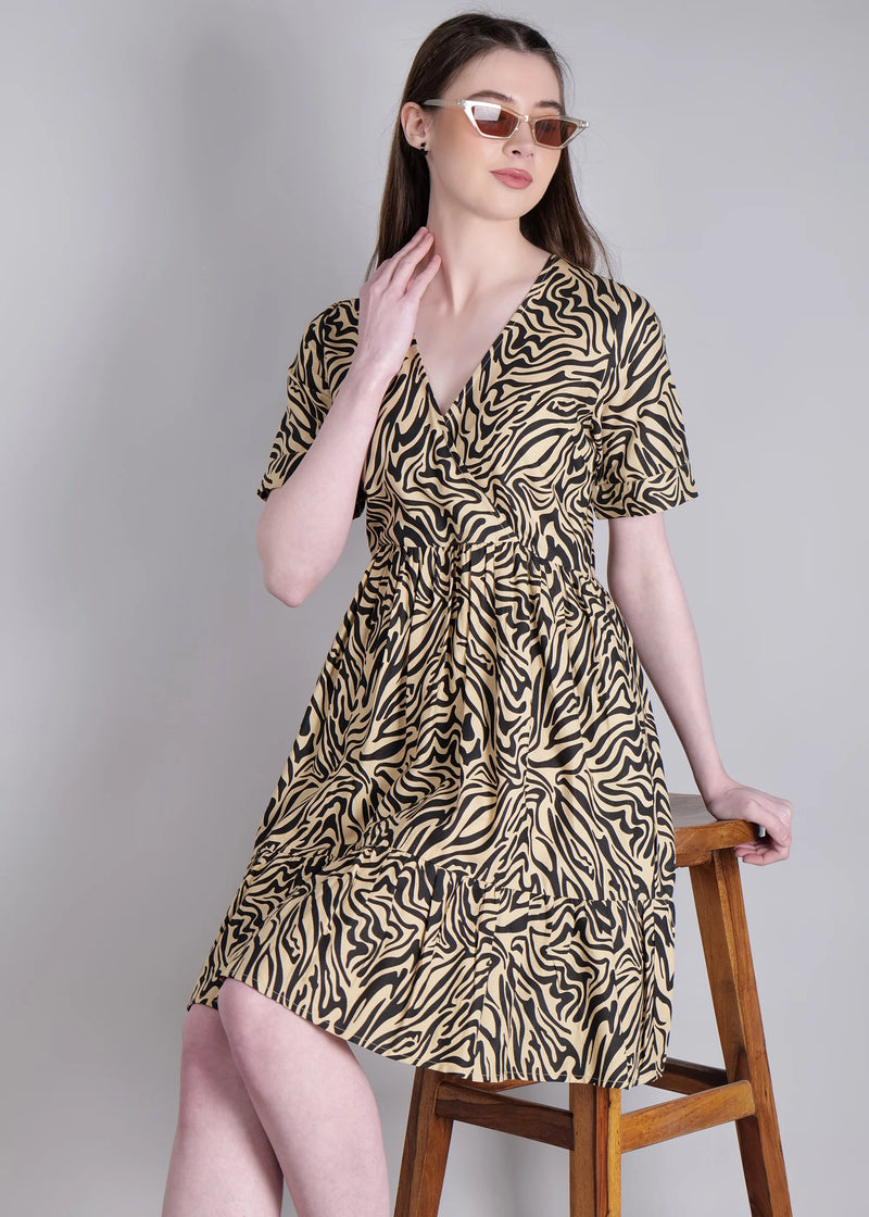 WOMEN'S BEIGE ZEBRA PRINT MINI FLARED RAYON DRESS