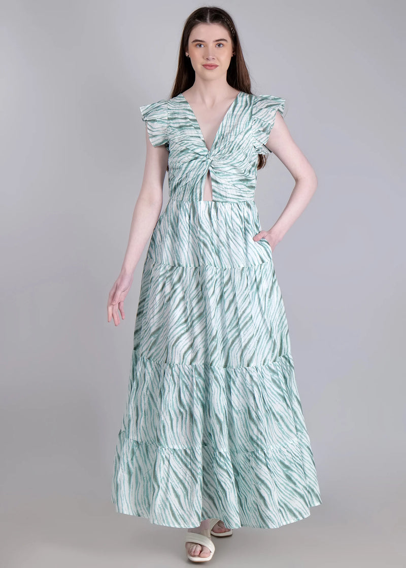 WOMEN'S PRINTED CROSS OVER WAIST CUT PURE COTTON MAXI DRESS