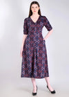 WOMEN'S DIGITAL IKAT PRINT RUCHED SLEEVES RAYON MIDI DRESS