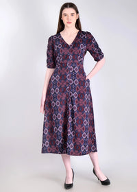 WOMEN'S DIGITAL IKAT PRINT RUCHED SLEEVES RAYON MIDI DRESS