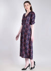 WOMEN'S DIGITAL IKAT PRINT RUCHED SLEEVES RAYON MIDI DRESS