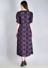 WOMEN'S DIGITAL IKAT PRINT RUCHED SLEEVES RAYON MIDI DRESS