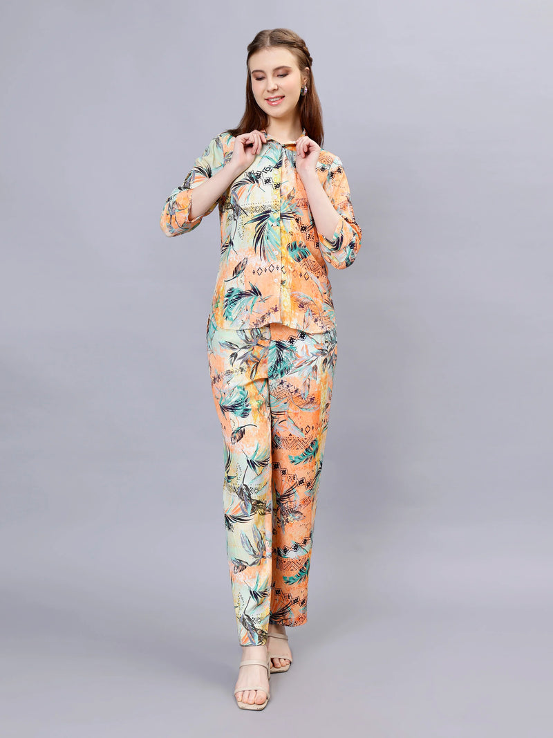 WOMEN'S TROPICAL PRINTED HIGH LOW SHIRT WITH  TROUSERS RAYON CO-ORDS SET