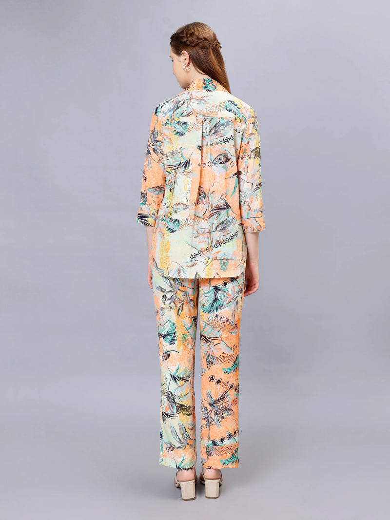 WOMEN'S TROPICAL PRINTED HIGH LOW SHIRT WITH  TROUSERS RAYON CO-ORDS SET