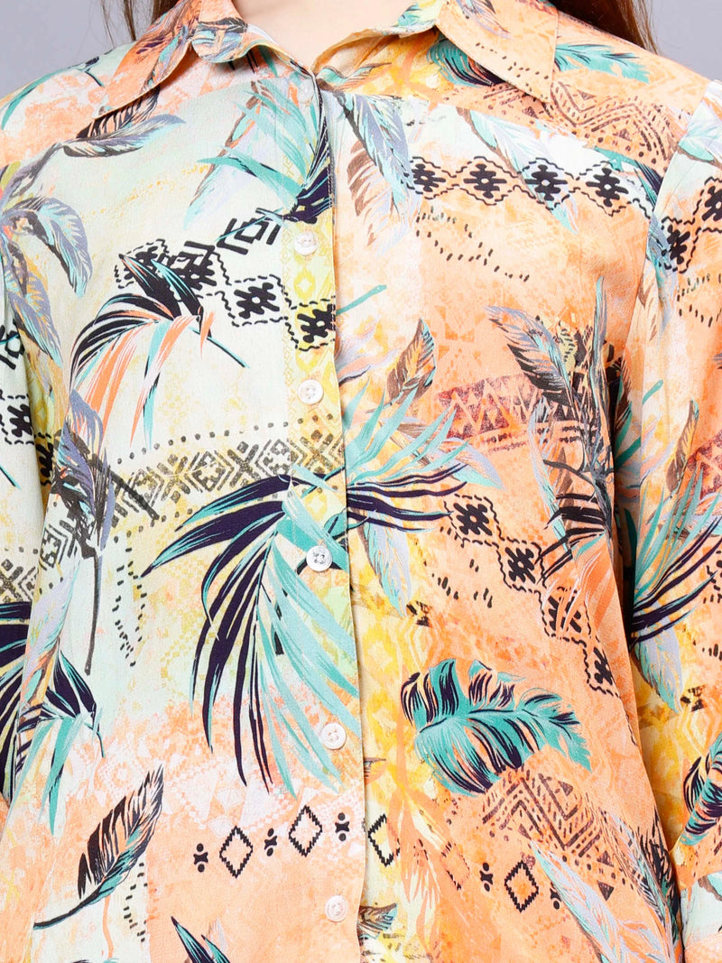 WOMEN'S TROPICAL PRINTED HIGH LOW SHIRT WITH  TROUSERS RAYON CO-ORDS SET