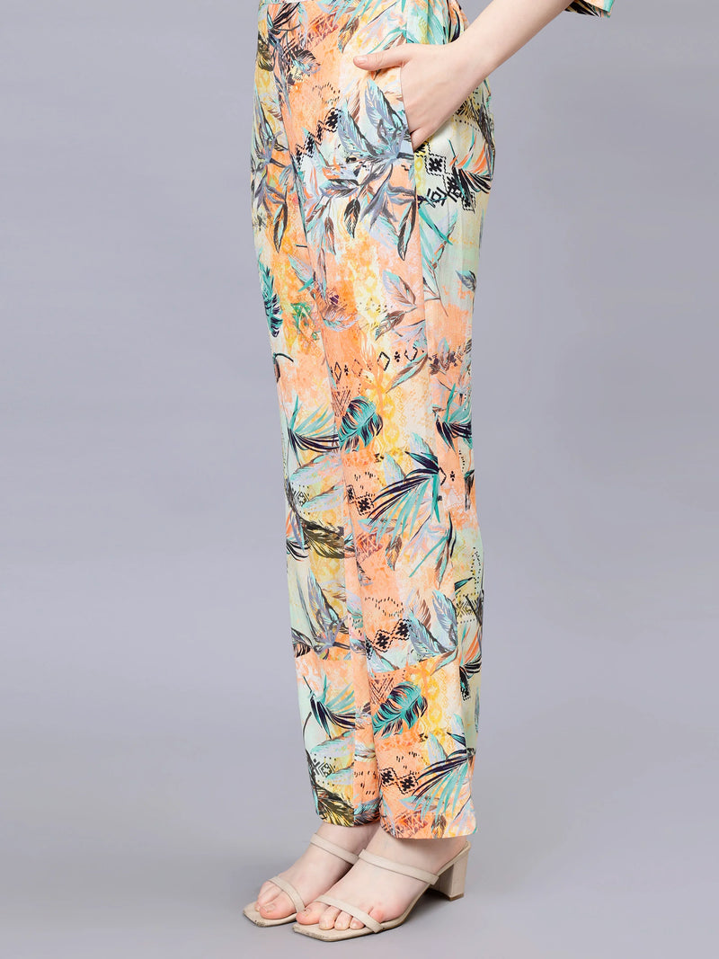 WOMEN'S TROPICAL PRINTED HIGH LOW SHIRT WITH  TROUSERS RAYON CO-ORDS SET