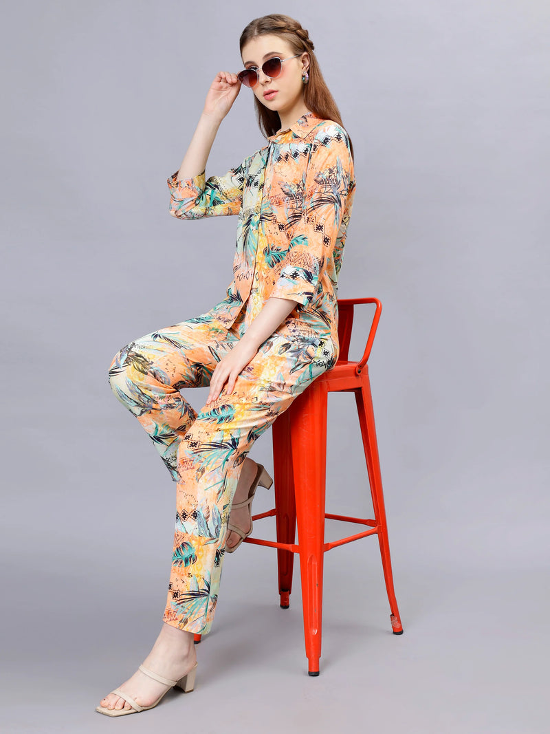 WOMEN'S TROPICAL PRINTED HIGH LOW SHIRT WITH  TROUSERS RAYON CO-ORDS SET