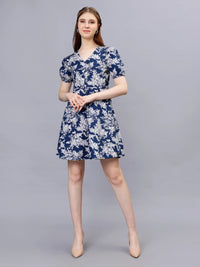 WOMEN'S WHITE AND BLUE BOTANICAL PRINTED  A-LINE COTTON MINI DRESS
