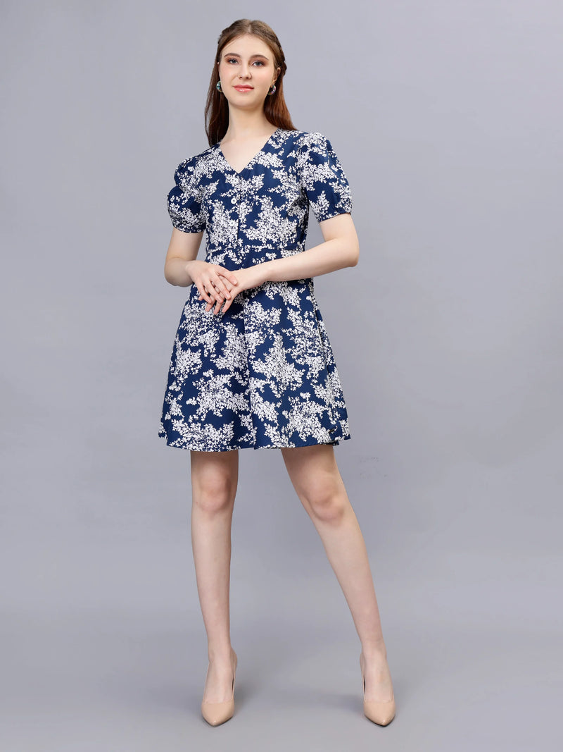 WOMEN'S WHITE AND BLUE BOTANICAL PRINTED  A-LINE COTTON MINI DRESS