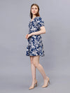 WOMEN'S WHITE AND BLUE BOTANICAL PRINTED  A-LINE COTTON MINI DRESS