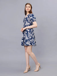 WOMEN'S WHITE AND BLUE BOTANICAL PRINTED  A-LINE COTTON MINI DRESS