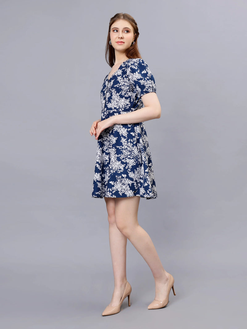 WOMEN'S WHITE AND BLUE BOTANICAL PRINTED  A-LINE COTTON MINI DRESS