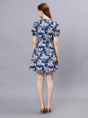 WOMEN'S WHITE AND BLUE BOTANICAL PRINTED  A-LINE COTTON MINI DRESS