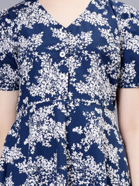 WOMEN'S WHITE AND BLUE BOTANICAL PRINTED  A-LINE COTTON MINI DRESS