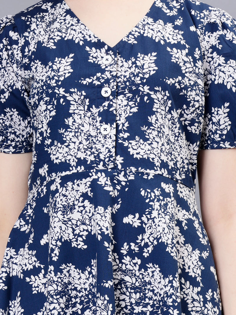 WOMEN'S WHITE AND BLUE BOTANICAL PRINTED  A-LINE COTTON MINI DRESS