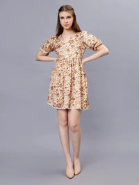 WOMEN'S STYLIZED FLOWERS AND LEAVES PRINT V-NECK SATIN MINI DRESS