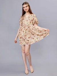 WOMEN'S STYLIZED FLOWERS AND LEAVES PRINT V-NECK SATIN MINI DRESS
