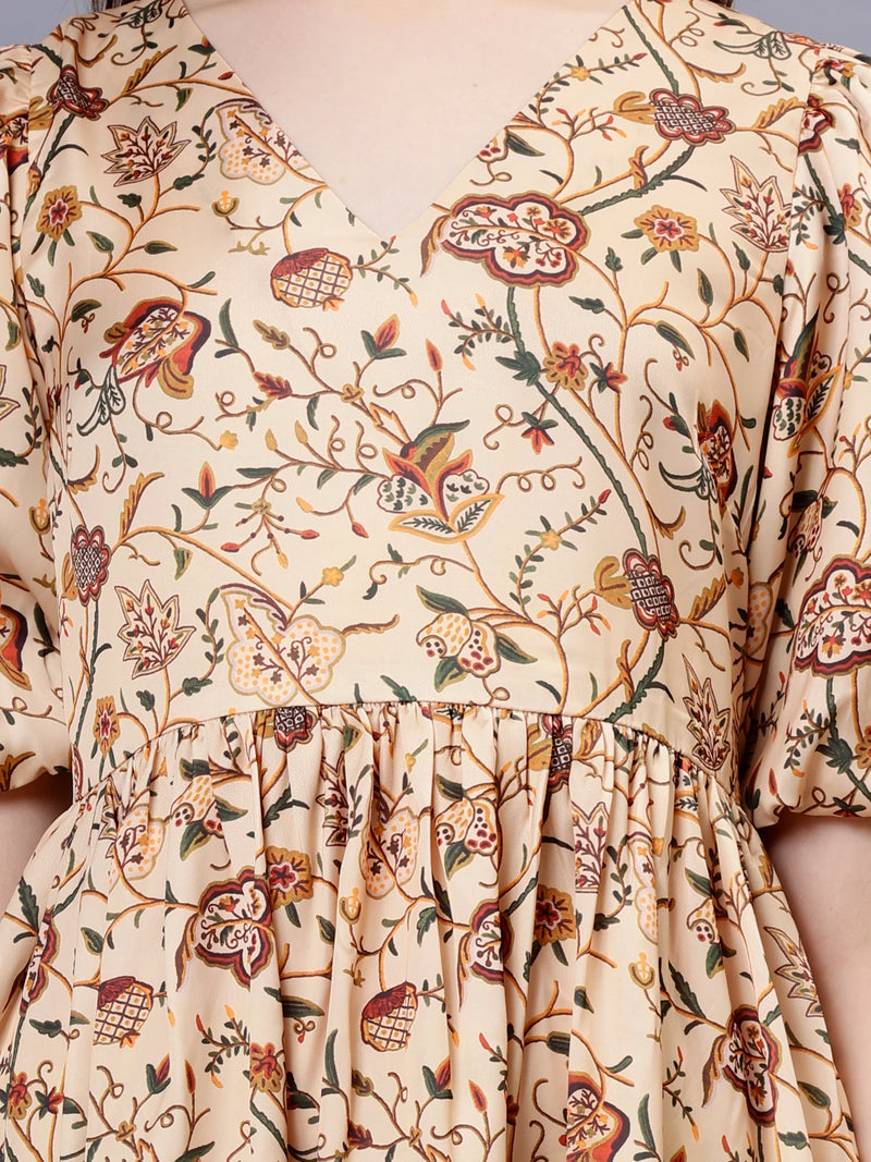 WOMEN'S STYLIZED FLOWERS AND LEAVES PRINT V-NECK SATIN MINI DRESS