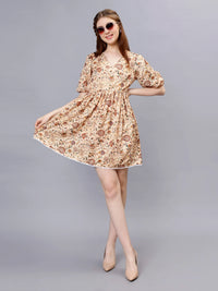 WOMEN'S STYLIZED FLOWERS AND LEAVES PRINT V-NECK SATIN MINI DRESS