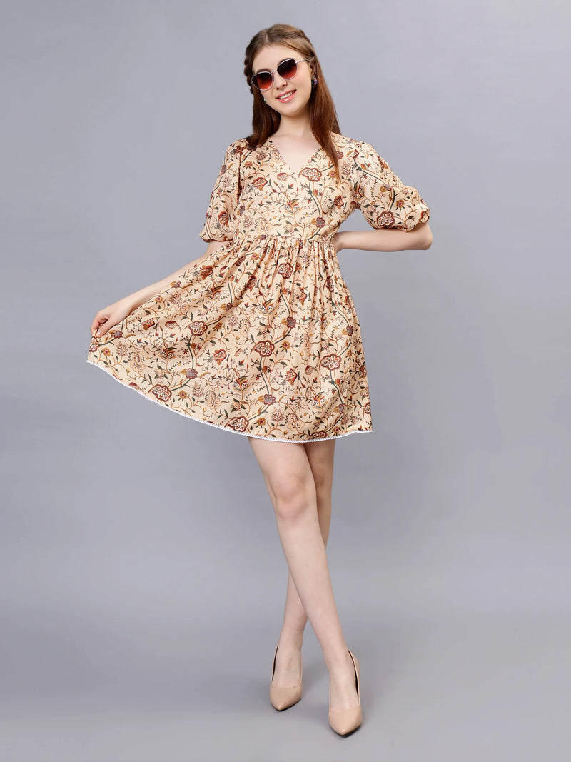 WOMEN'S STYLIZED FLOWERS AND LEAVES PRINT V-NECK SATIN MINI DRESS